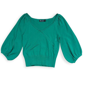Zagora Green V-Neck Puff-Sleeve Sweater